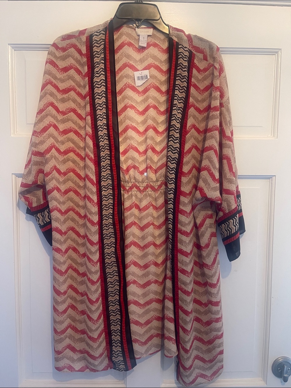Chico's Chevron Open-Front Kimono in Coral, Cream & Black